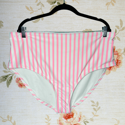 Pink and White High Waisted Vertical Striped Bikini Bottom