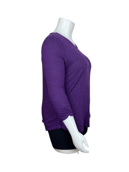 Purple Striped 3/4 Sleeve Top w/ Zipper Collar