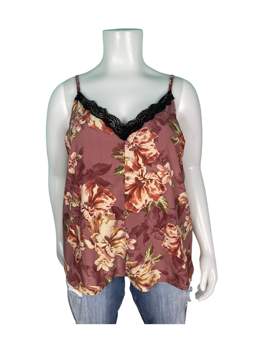 Rose Gold Floral w/ Black Lace Neckline Spaghetti Top