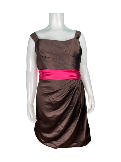 Brown Dress Bridesmaid Dress w/ Pockets & Bright Pink Sash