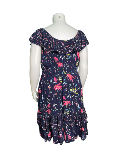 Navy Blue w/ Pink & Green Floral Patterned Cap Sleeve Dress