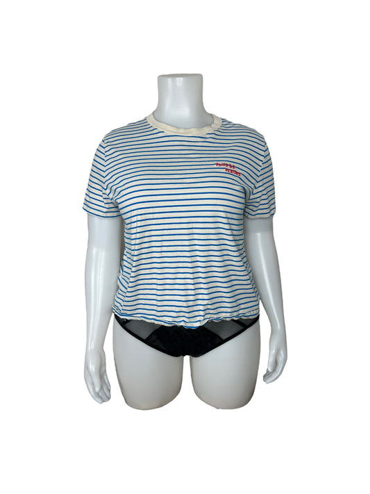 “H&M” White & Blue Striped T-shirt w/ ‘PLUS DE FLEURS’ Embroidered