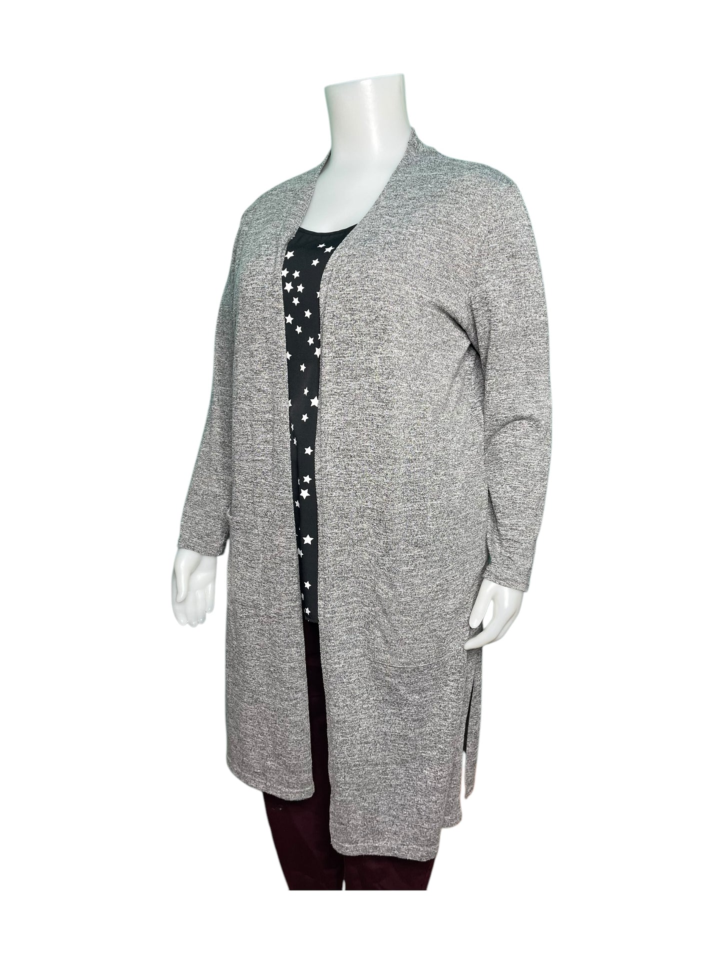 Grey Long Sleeve Knee Length Cardigan