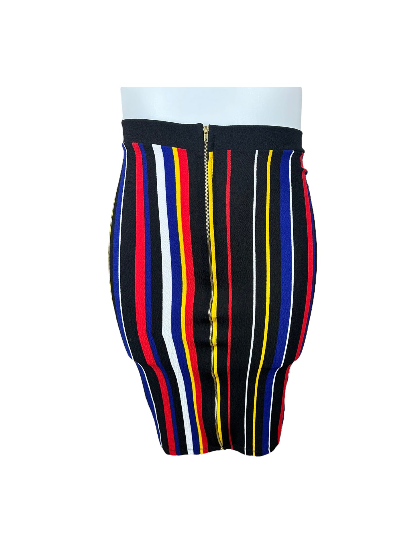 Black, White, Yellow, Red & Blue Striped Skirt w/ Front Zipper