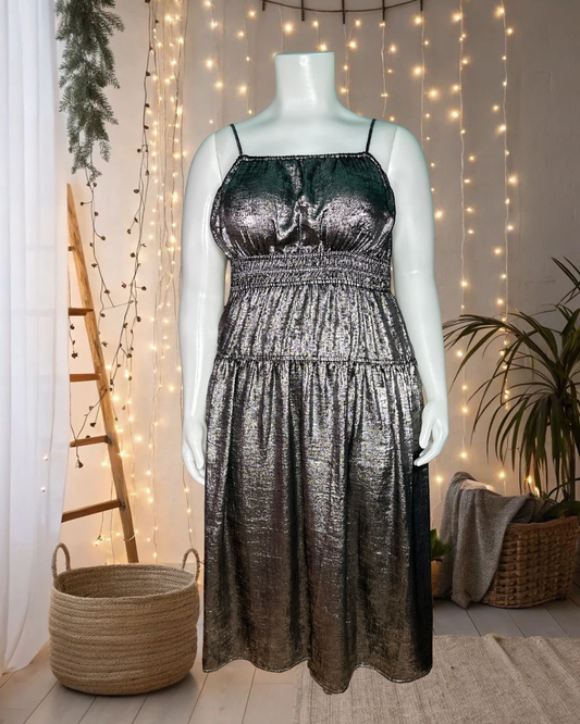 Sliver Shiny Spaghetti Sleeve Maxi Dress