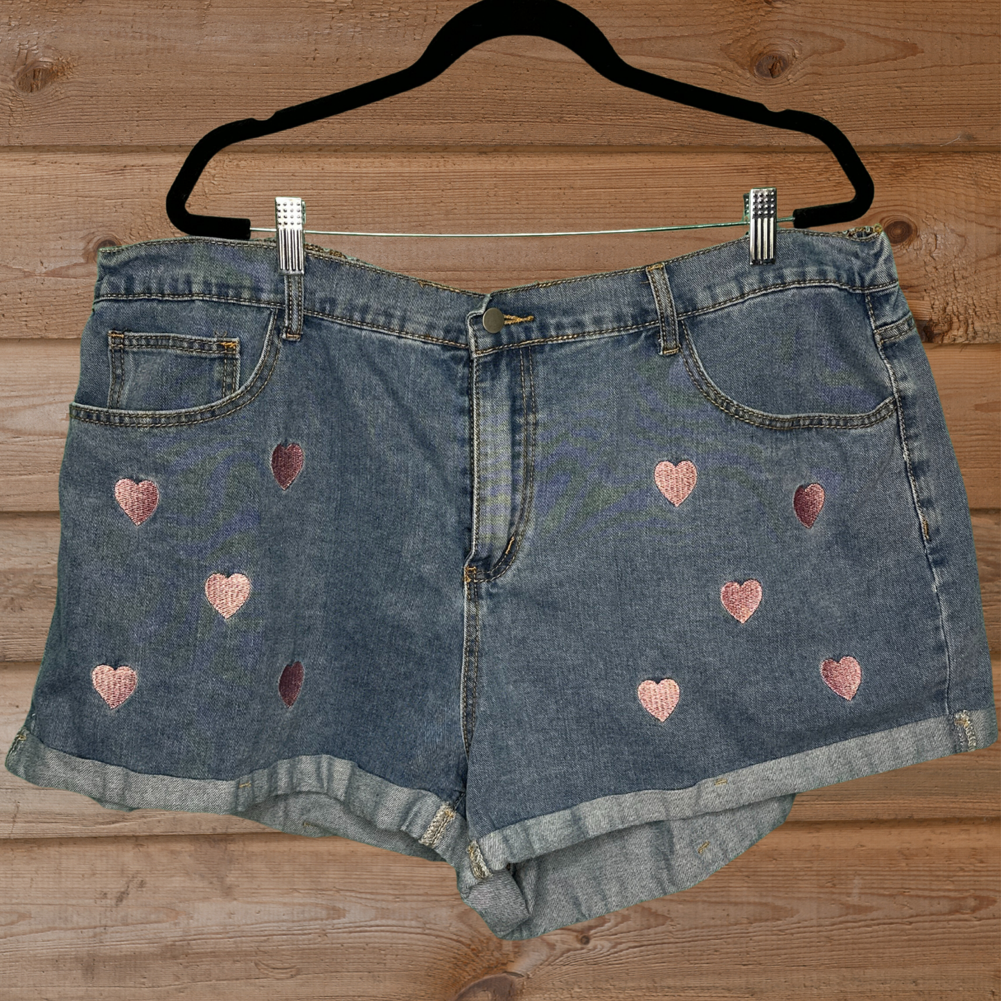 Light Blue Denim w/ Purple Embroidered Pink Hearts Shorts