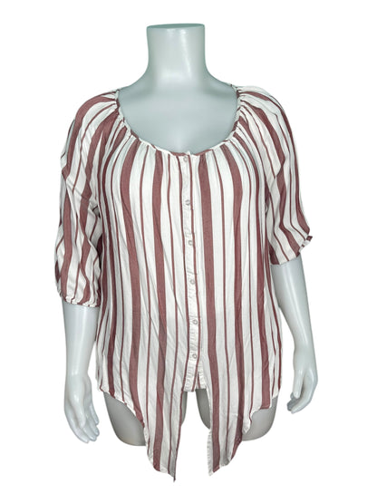 Burgundy and White Stripped  3/4 Sleeve Blouse with Front Tie