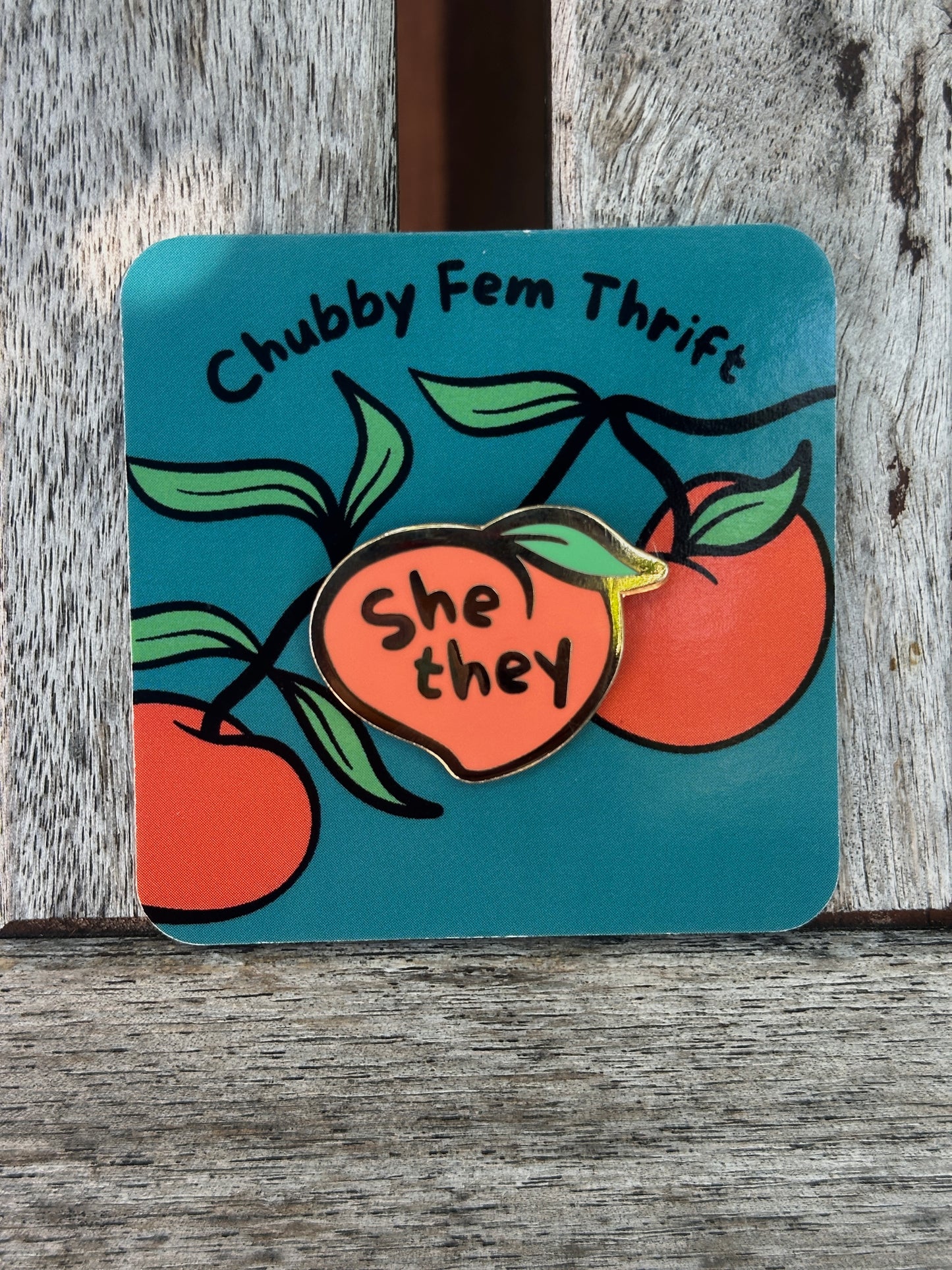 She/They Chubby Peach Pronoun Pin