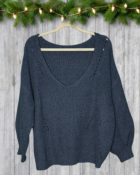 Navy V-Neck Knit Sweatshirt