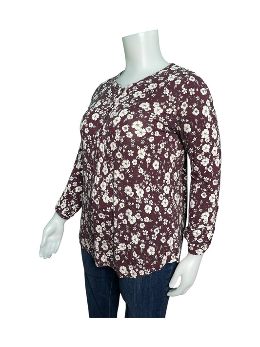 Burgundy with Cream Floral Pattern Long Sleeved Shirt