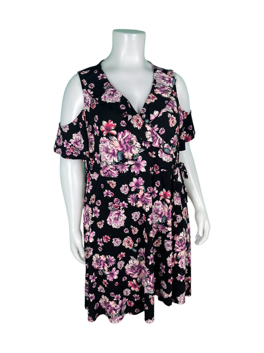 Black w/ Purple Floral Patterned   Cold Shoulder Dress