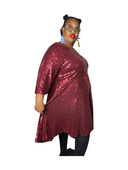 Red Sparkly V-Neck 3/4 sleeve Dress