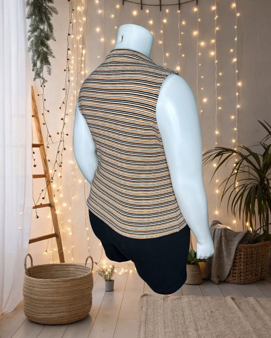 Vintage Tan, White & Black Sleeveless Mock Neck Shirt