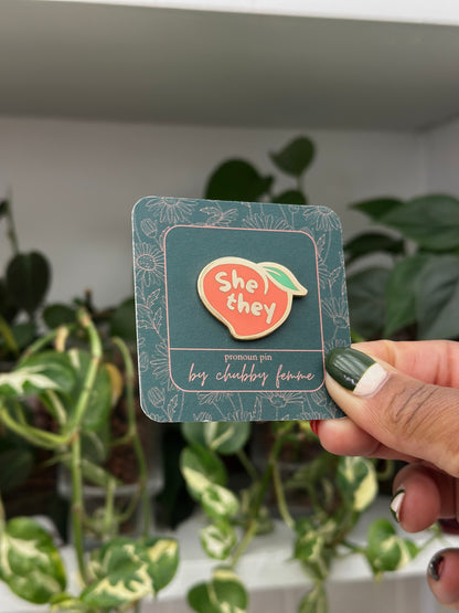 She/They Chubby Peach Pronoun Pin