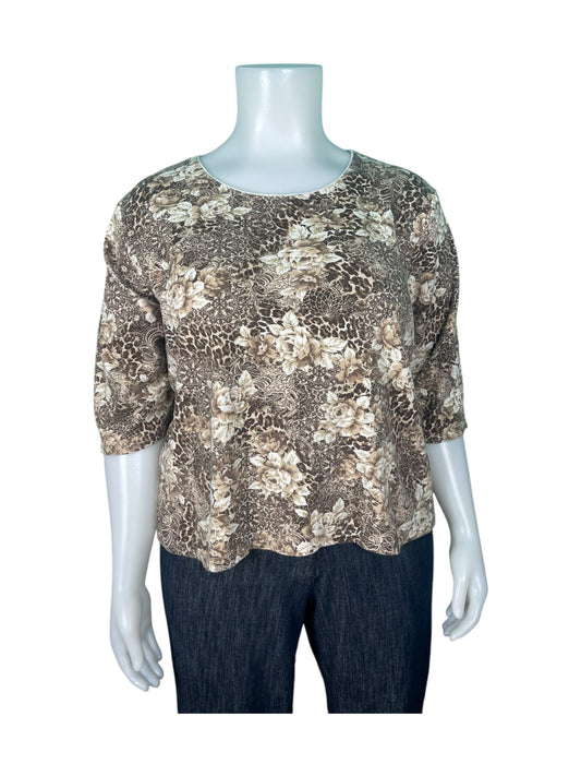 Cream & Brown Floral 3/4 Sleeve Top