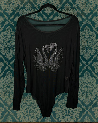 Black Sheer Long Sleeved Bodysuit with Rhinestone Swans