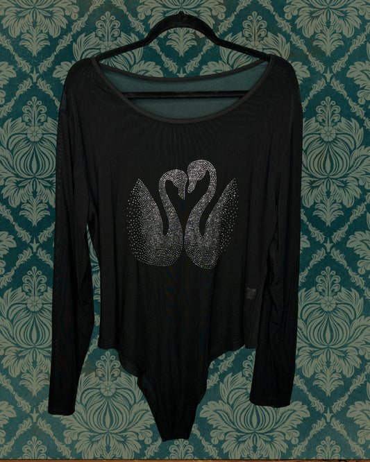 Black Sheer Long Sleeved Bodysuit with Rhinestone Swans