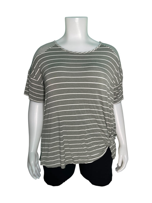 Grey & White Striped T-Shirt with Tied Detail