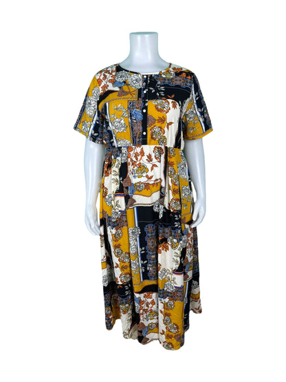 Yellow, White & Brown Floral Short Sleeve Maxi Dress