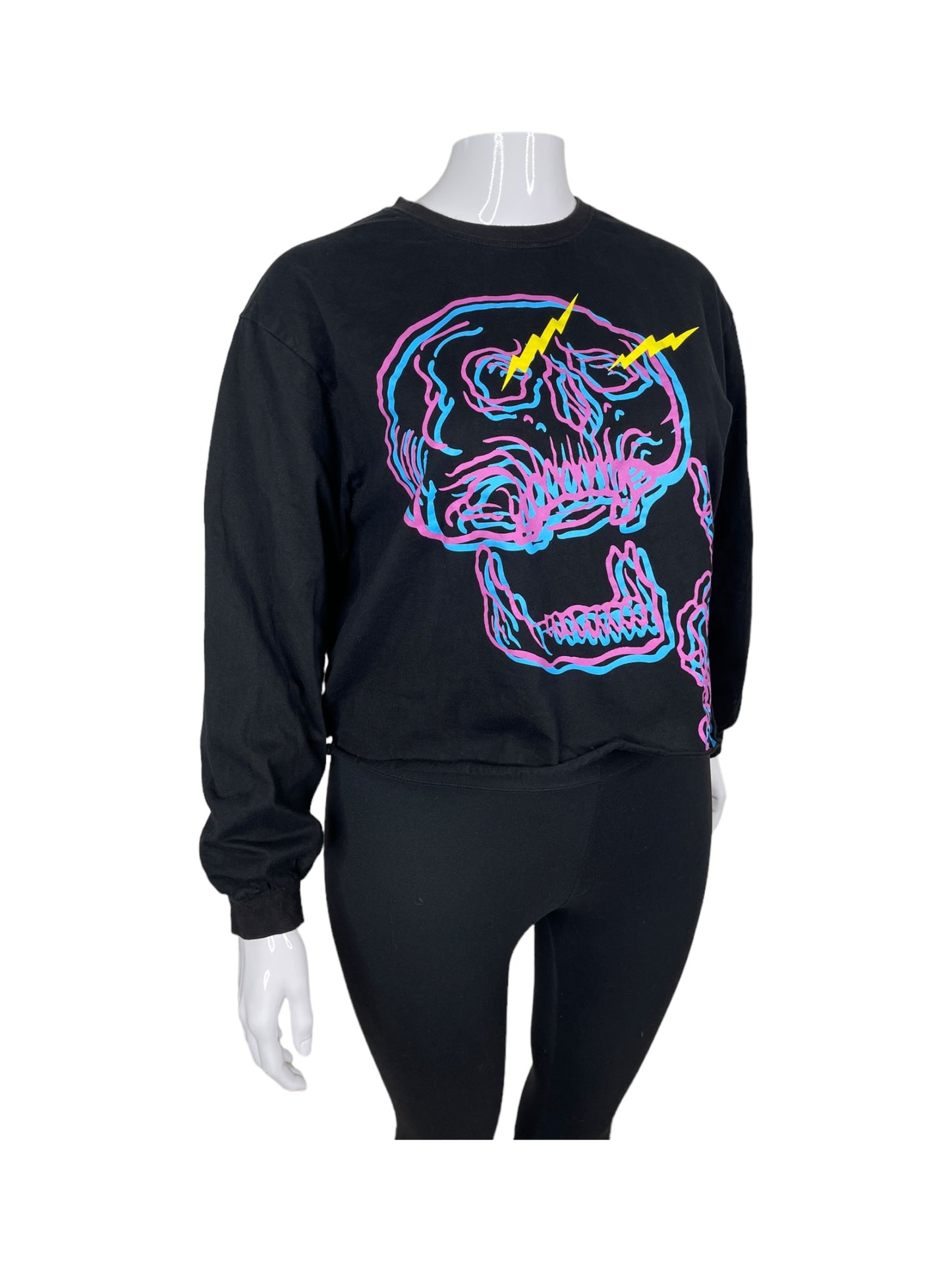 Black Pink & Blue Skull Graphic Design Long Sleeved Crop Top (L)