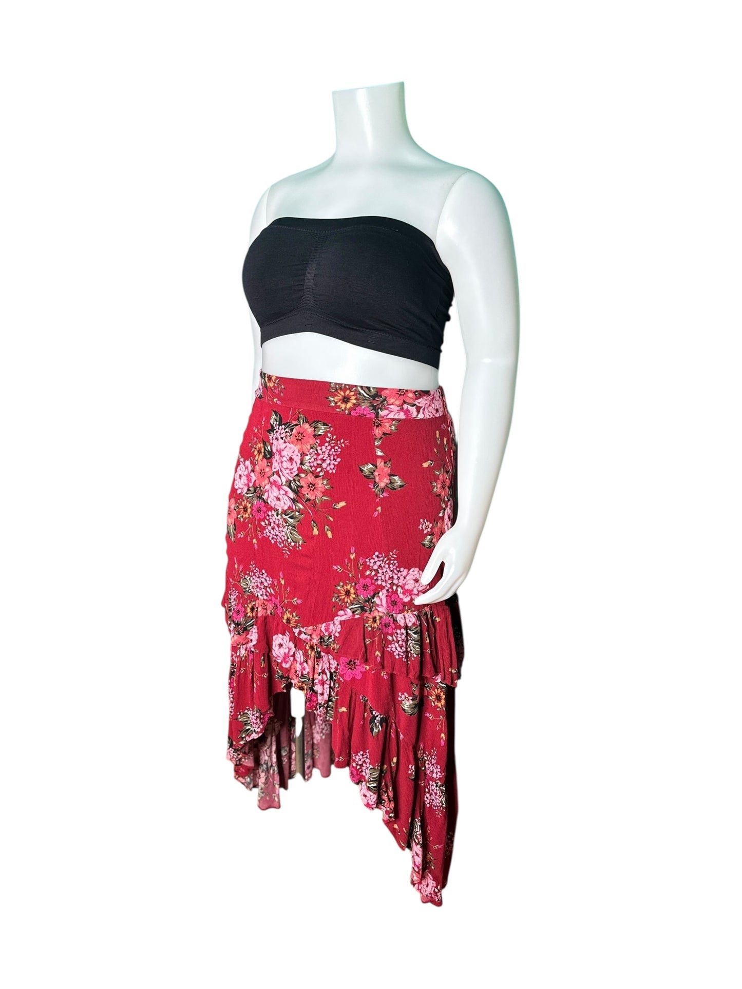 Bright Red w/ Pink Floral High Low Skirt
