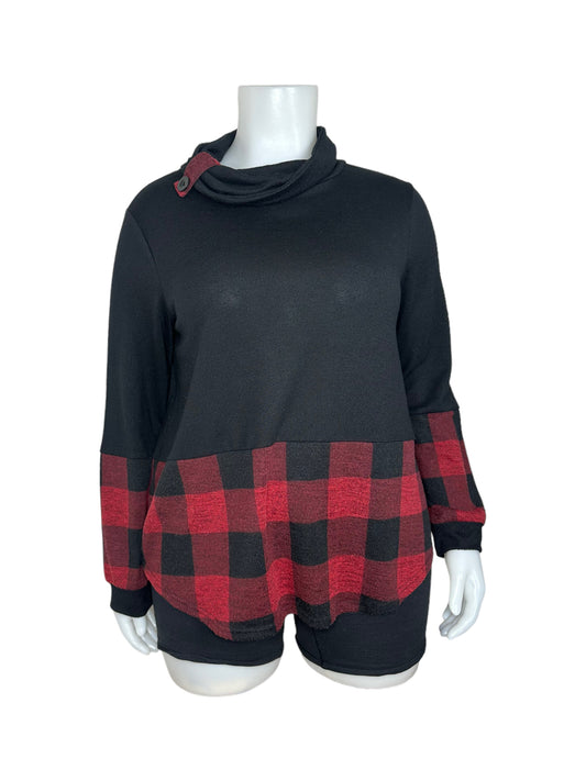 Black Turtleneck with Buffalo Plaid Trim Top