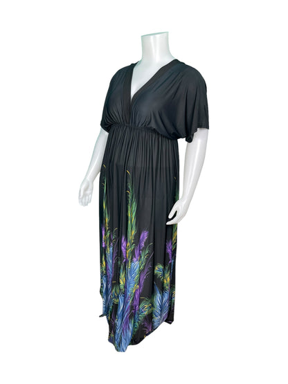 Black Deep V Neck  w/ Blue, Green and Yellow Feathers Short-Sleeved Dress