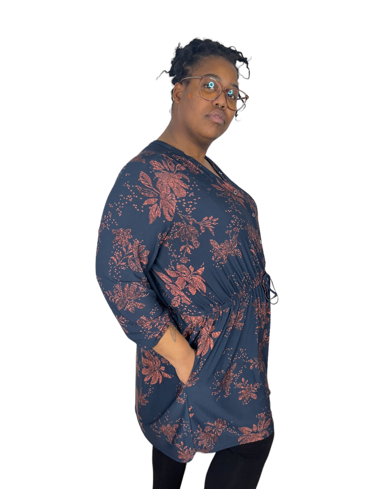 Navy Blue & Coral Long-Sleeved Dress