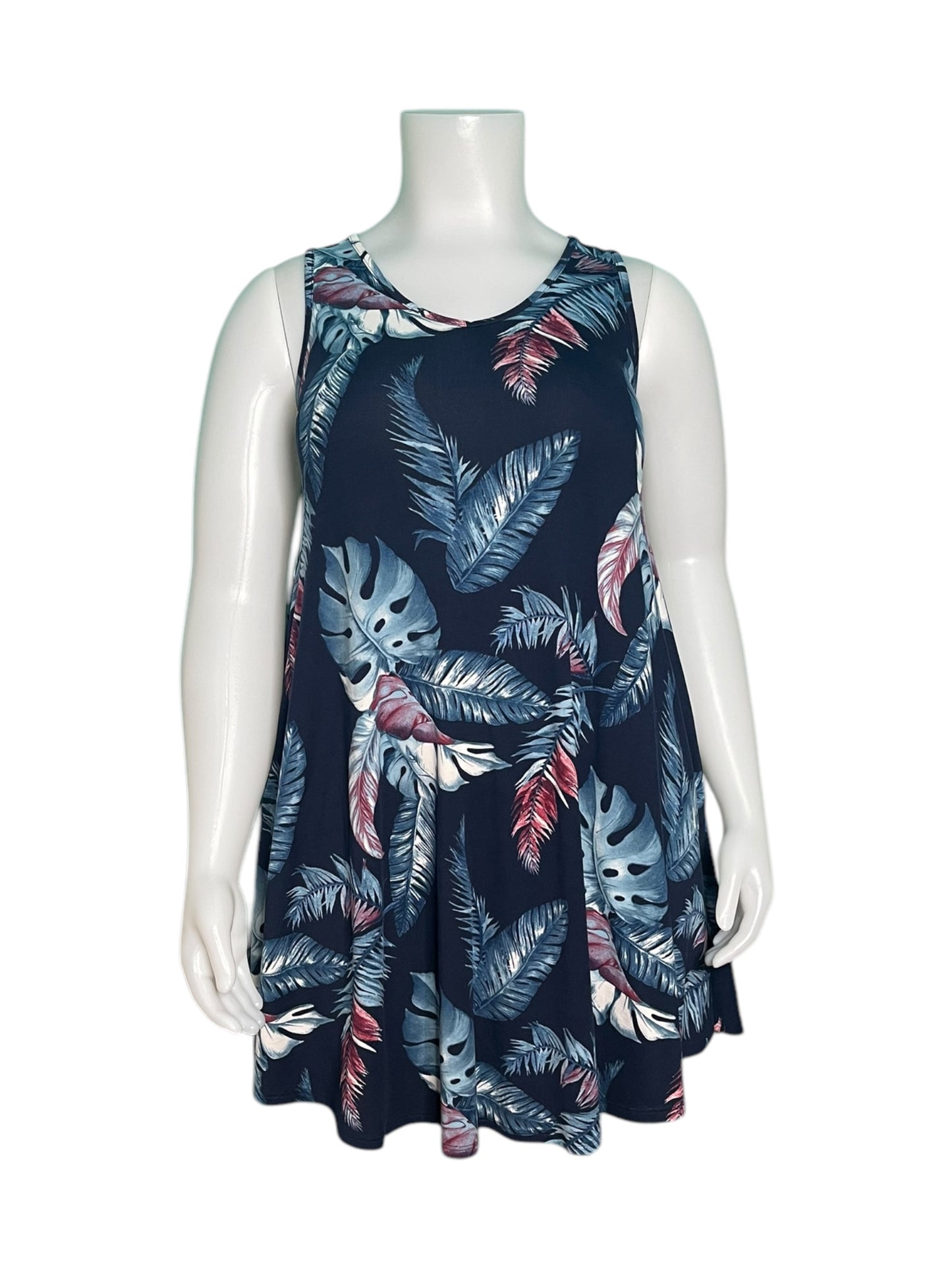 Navy Blue w/ Tropical Patterned Sleeveless Mini Dress