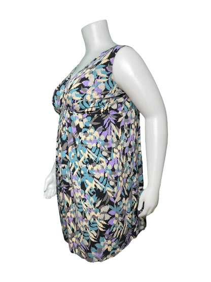 Black, Purple, and Cream Abstract Patterned Sleeveless Knee length Dress