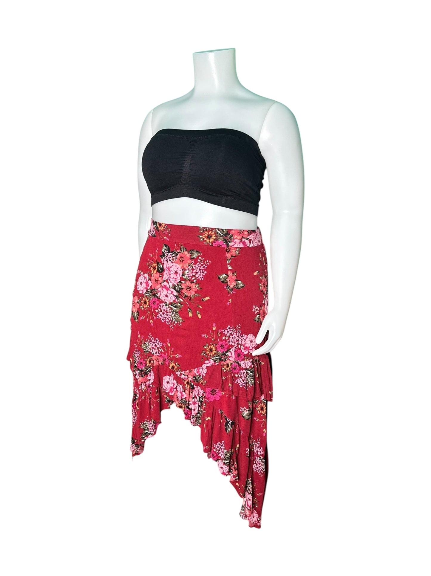 Bright Red w/ Pink Floral High Low Skirt