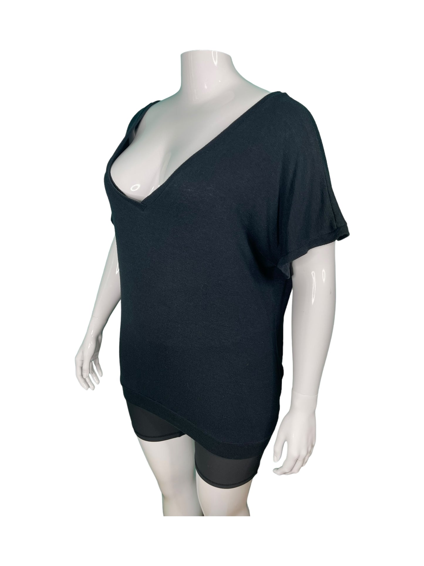 Black Short Sleeve Deep V-Neck Top