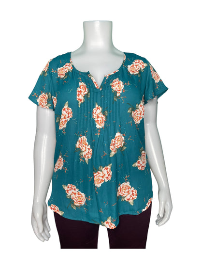 Teal W/ Orange Rose Cap-sleeved Blouse