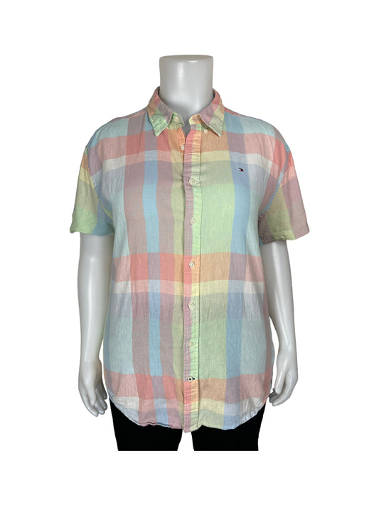 “Tommy Hilfiger” Pastel Rainbow Plaid Short Sleeved Button Up Shirt (XXL)