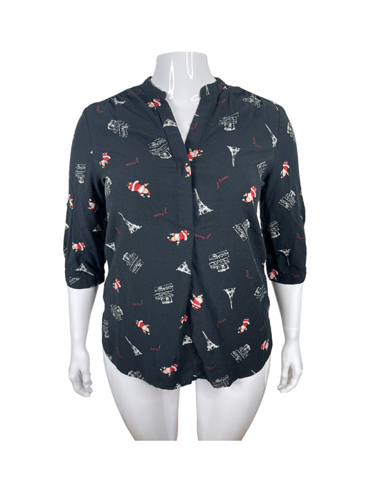 Black Santa Print Blouse