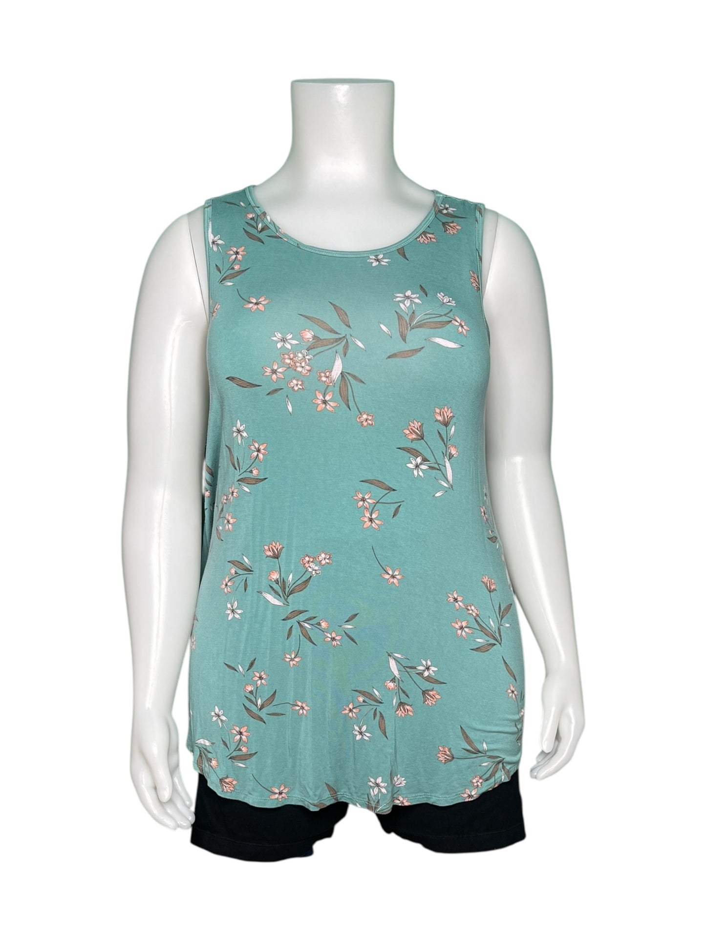 Aqua w/ Pink Floral Pattern Sleeveless Tunic by