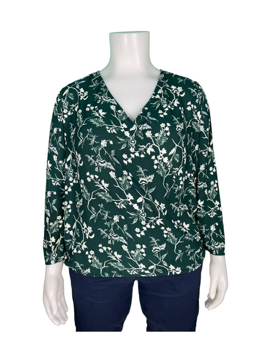 Green w/ White Floral V-Neck Long Sleeved Blouse