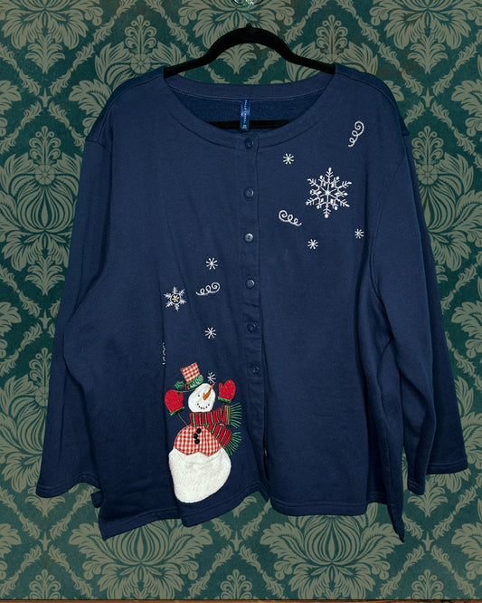 Navy Blue Embroidered Snowman Button up cardigan