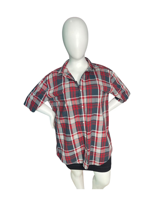 Red, Grey & White Plaid Short Sleeved Button Up