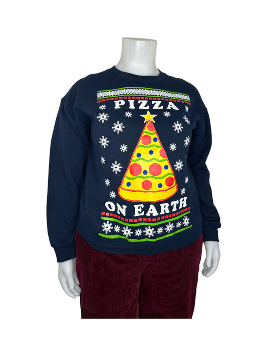 Navy Blue “Pizza On Earth” Graphic Ugly Christmas Crewneck