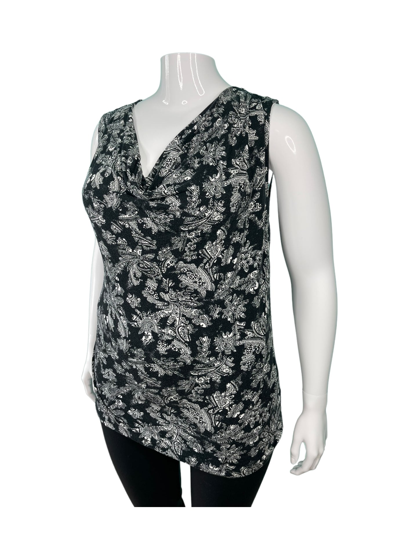 Black & White Pattered Sleeveless Top w/ swoop neck Blouse