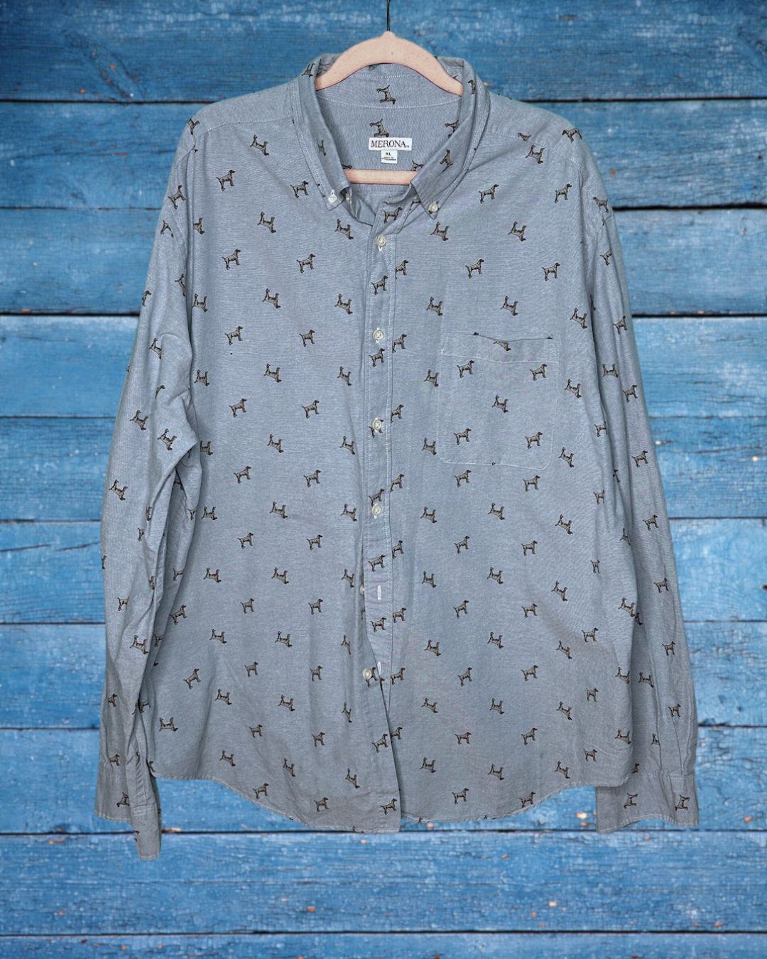 Light Blue w/ Dog Patterned Long Sleeved Button Up Shirt