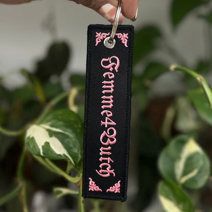 Pink and Black Embroidered Femme4Butch Keychain with Sliver Keyring