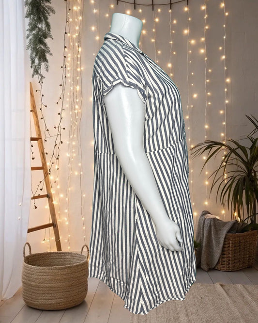 Light Denim & White Vertical Striped Cap Sleeved Button up Dress