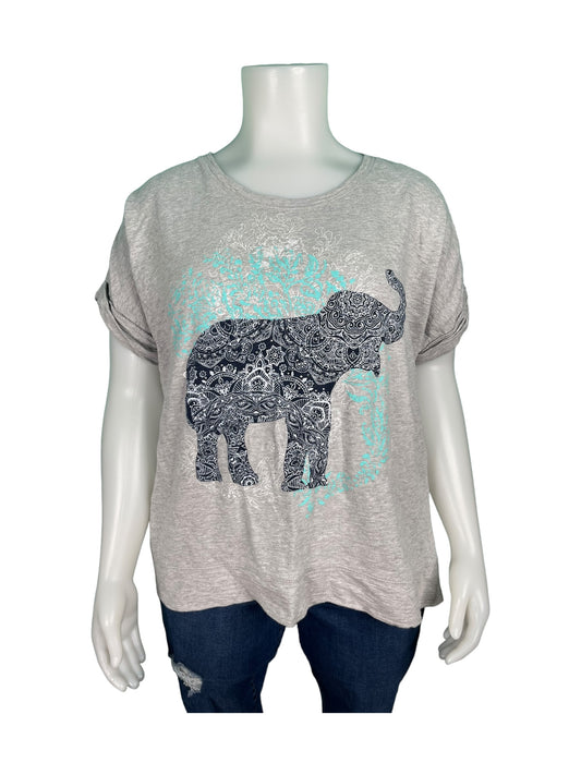 Grey and Turquoise Elephant Graphic Short Sleeved T-Shirt