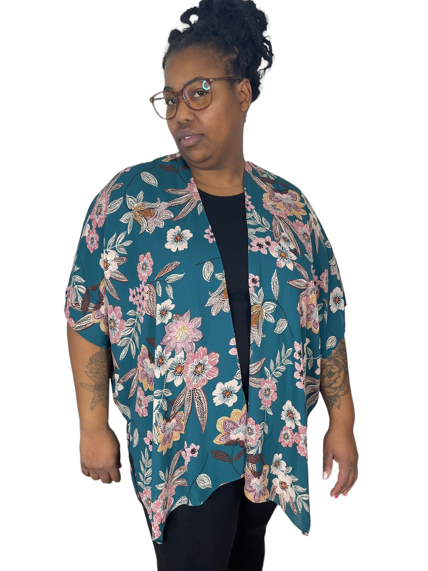 Teal w/ Pink Floral Print Shawl