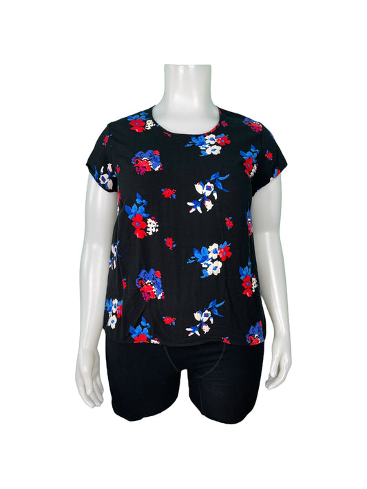 Black w/ Red, Blue & White Floral Short-Sleeved Blouse (2X)