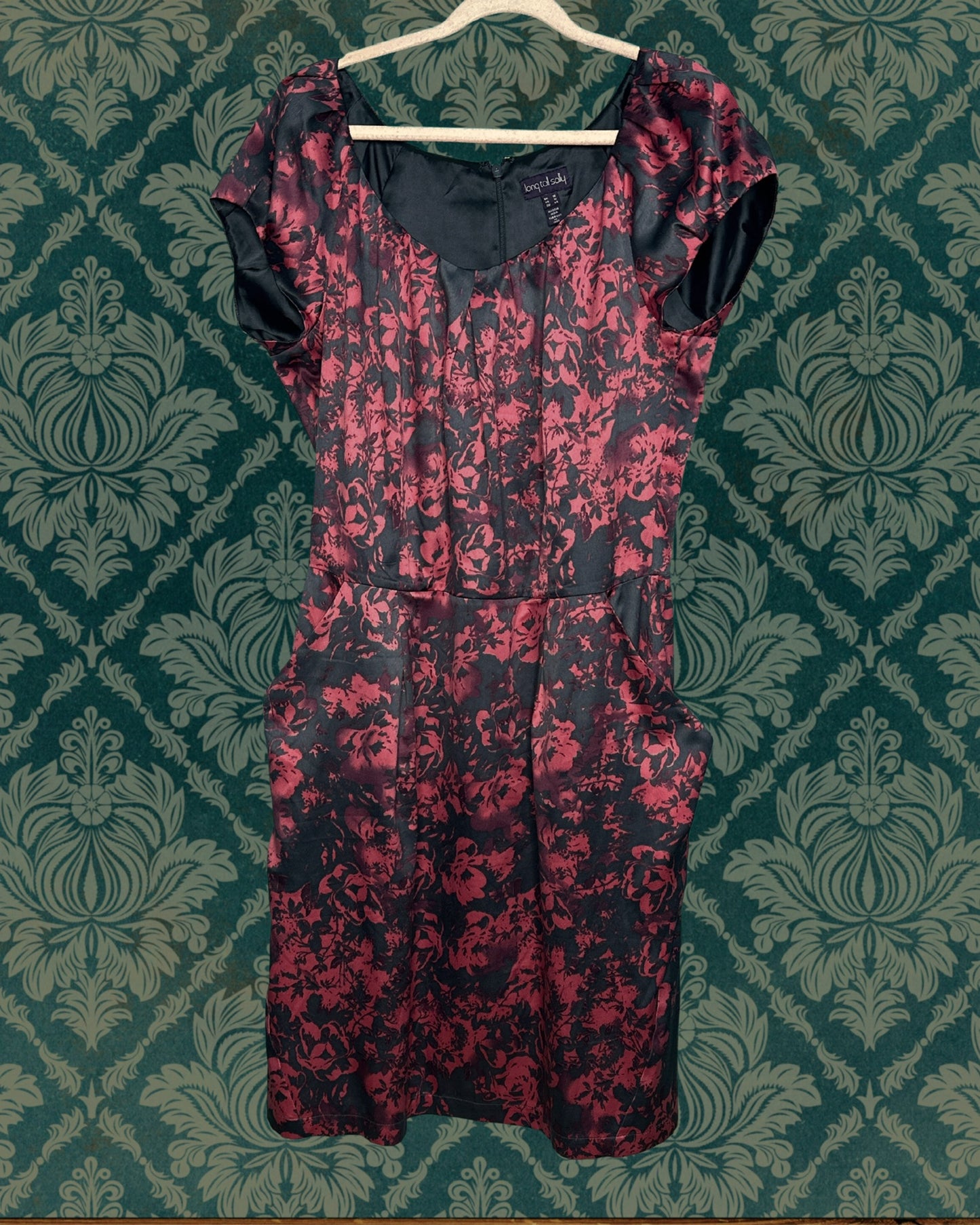 Burgundy & Black Floral Cap Sleeved Satin Dress w/ Pockets