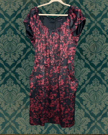 Burgundy & Black Floral Cap Sleeved Satin Dress w/ Pockets