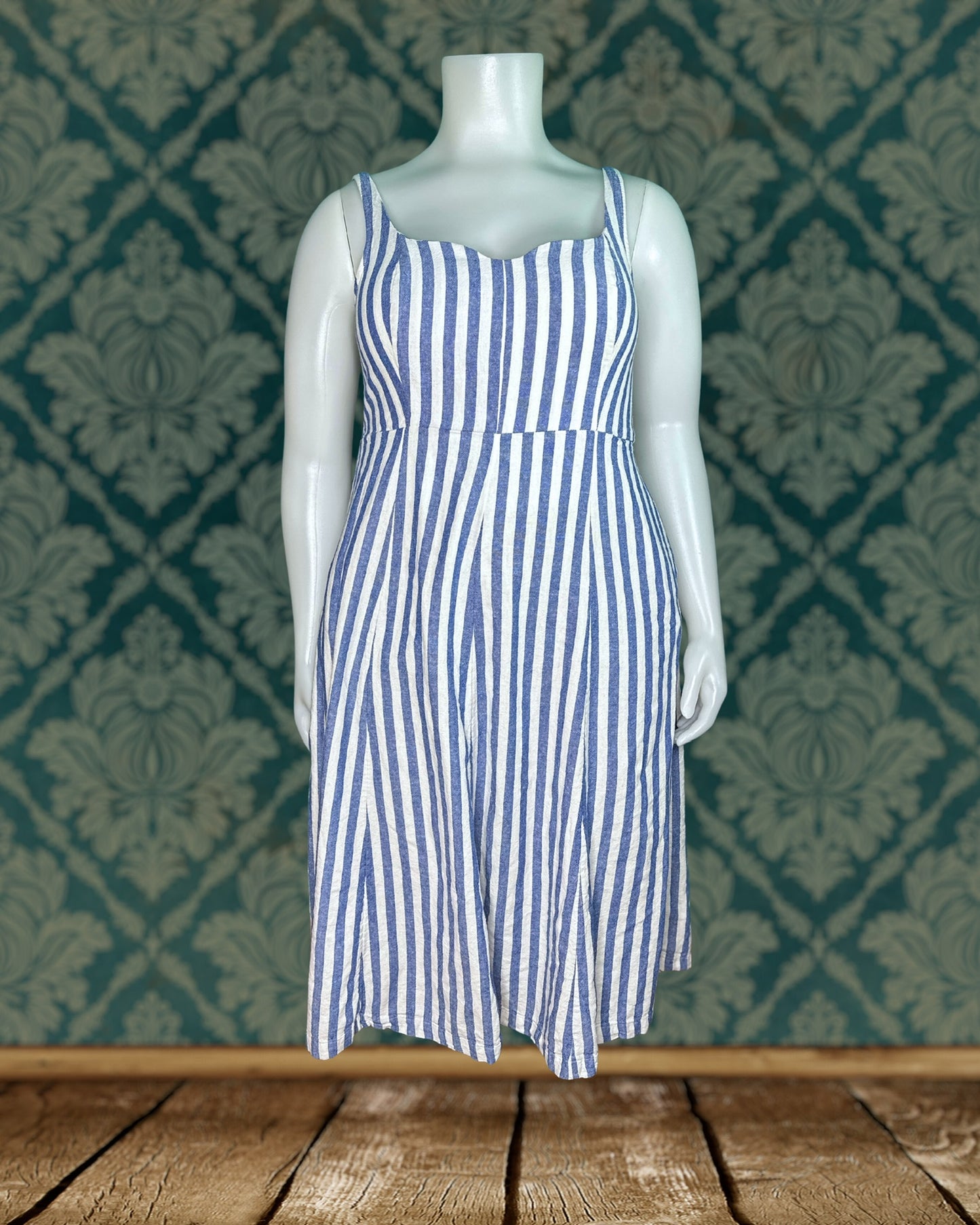 Baby Blue & White Vertical Striped Sleeveless Dress